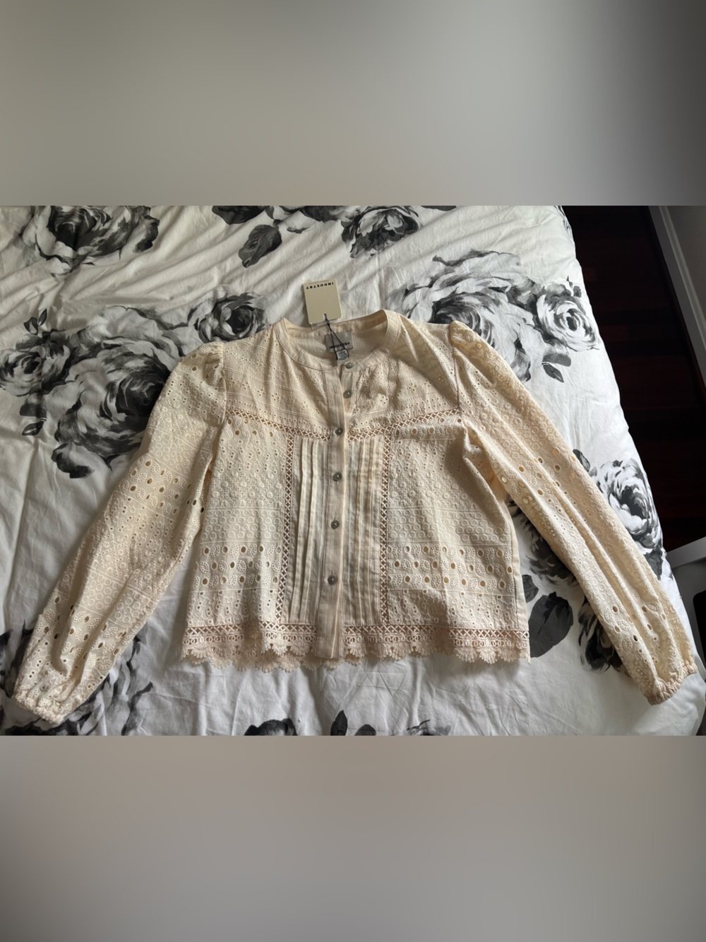 Industry Republic Clothing Cream Cotton Eyelet Lace Button Front Blouse